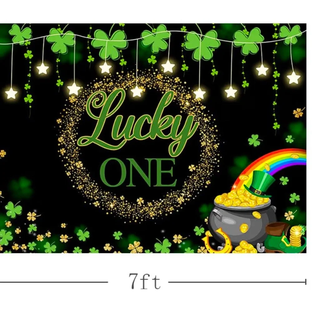 Lucky One 1st Birthday Backdrop, 7 x 5, St. Patrick's Day Green Clover Rainbow
